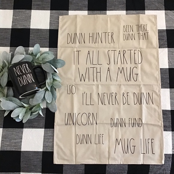 NWT🖤☕️Rae Dunn “Never Dunn” Black Mug & Tea Towel - Picture 4 of 10